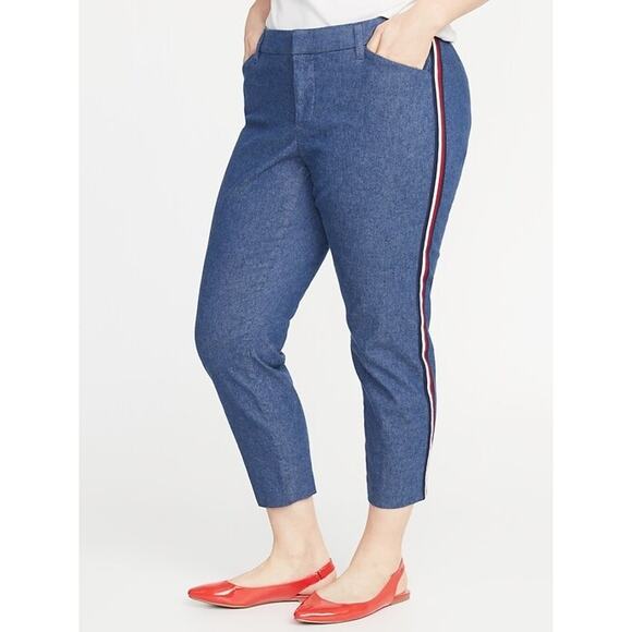 Old Navy Blue Denim Linen Blend Mid-Rise Side-Stripe Ankle Dress Pants Size 12 - Picture 1 of 16